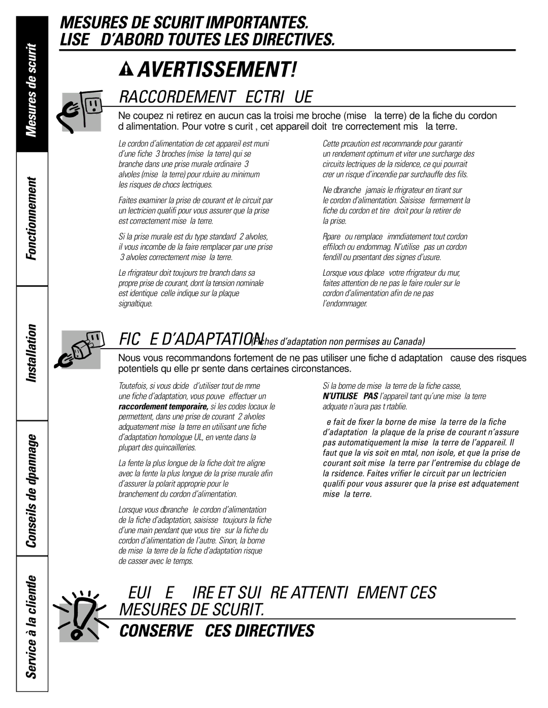 GE 20, 25, 22 manual Raccordement Électrique, Conseils de dépannage 