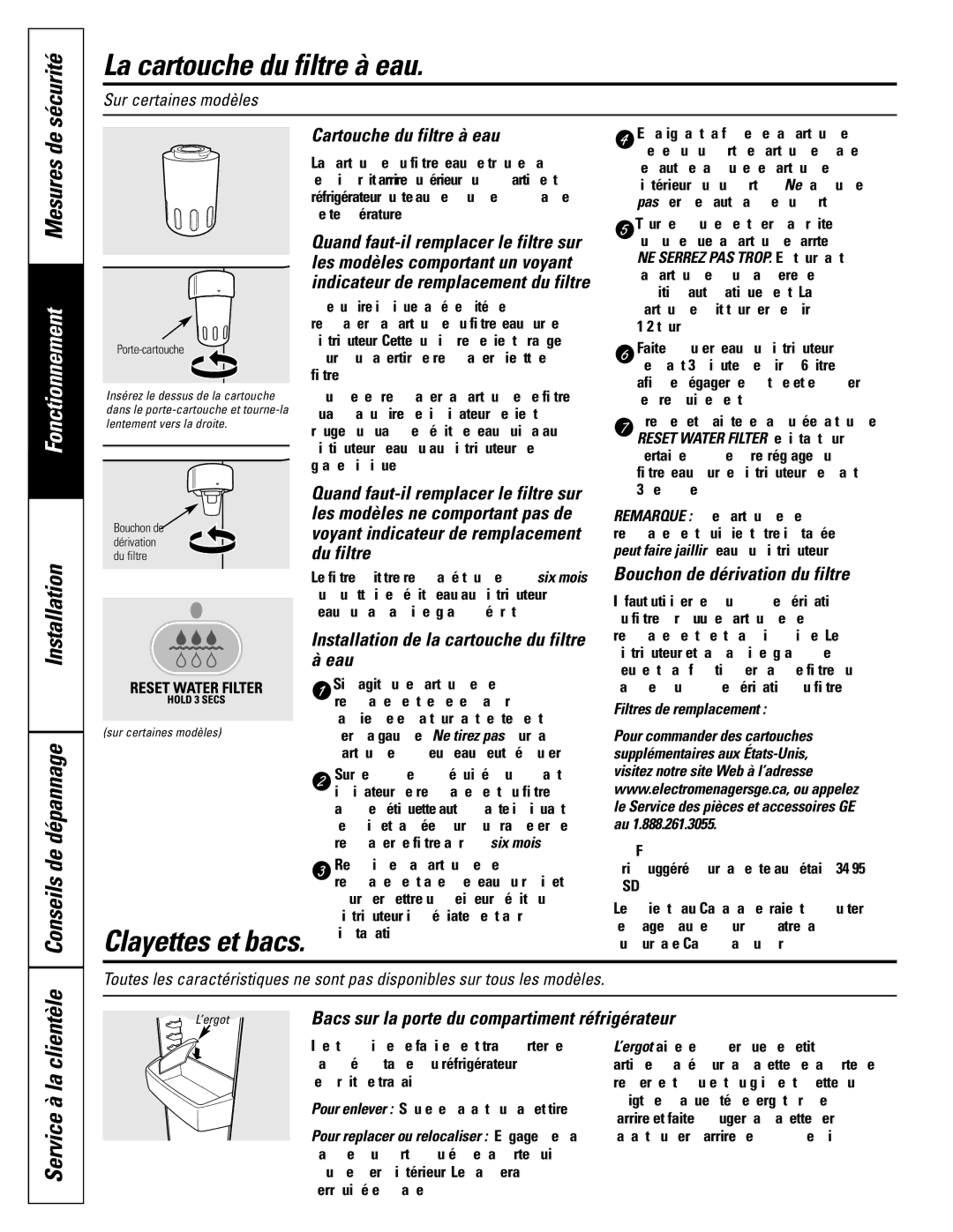 GE 25, 20, 22 La cartouche du filtre à eau, Installation Clientèle Conseils de dépannage, Clayettes et bacs, Service à la 