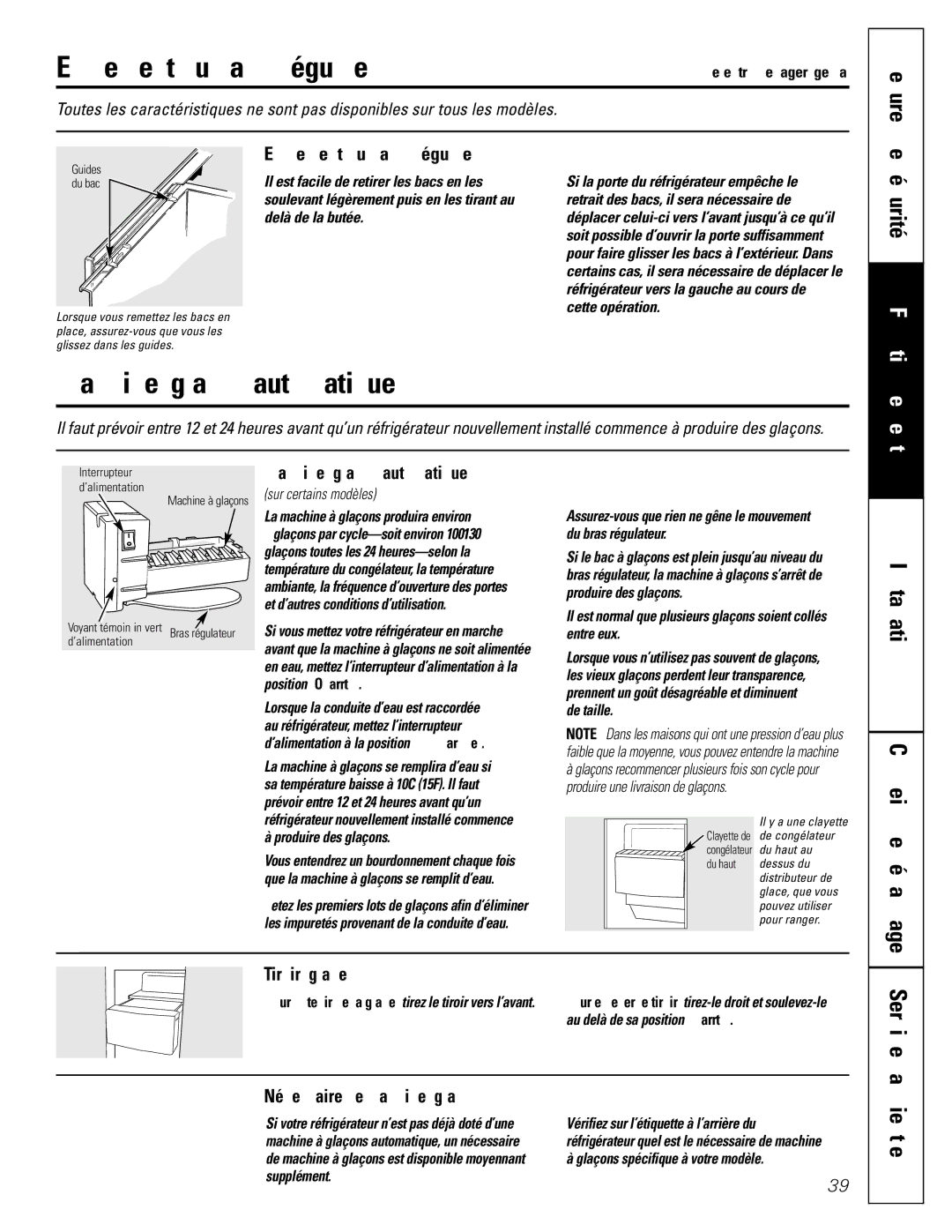 GE 25, 20, 22 manual Enlèvement du bacs à légumes, Machine à glaçons automatique, Service à la clientèle 