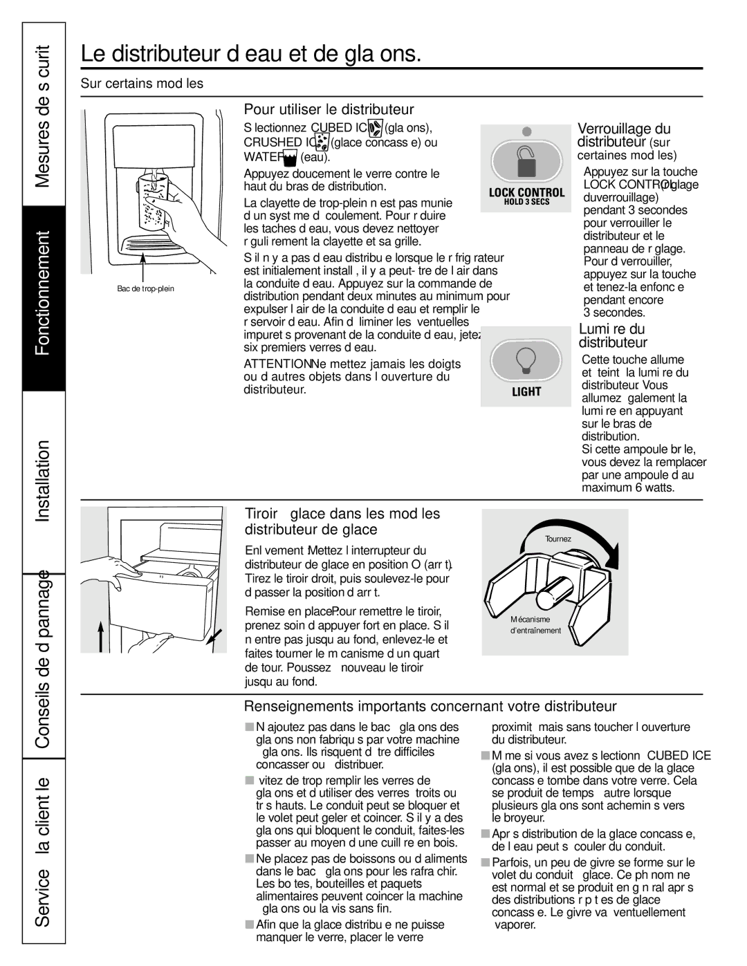 GE 20, 25, 22 manual Le distributeur d’eau et de glaçons, Sécurité, De dépannage, Pour utiliser le distributeur 