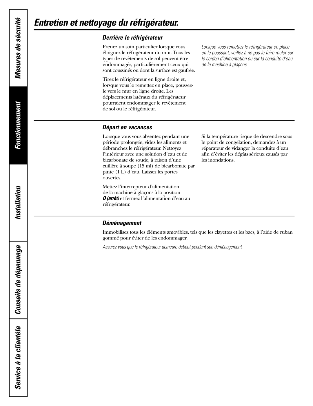 GE 25, 20, 22 manual Derrière le réfrigérateur, Départ en vacances, Déménagement 