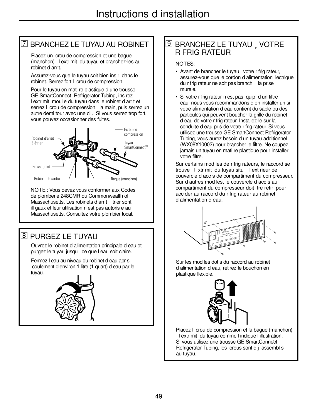GE 20, 25, 22 manual Branchez LE Tuyau AU Robinet, Purgez LE Tuyau, Branchez LE Tuyau À Votre Réfrigérateur 