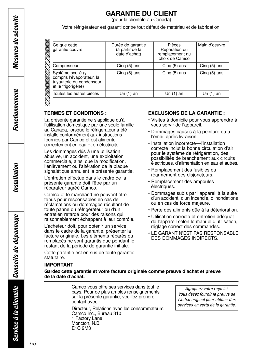 GE 22, 25, 20 manual Installation Conseils de dépannage, Fonctionnement, Agraphez votre reçu ici 