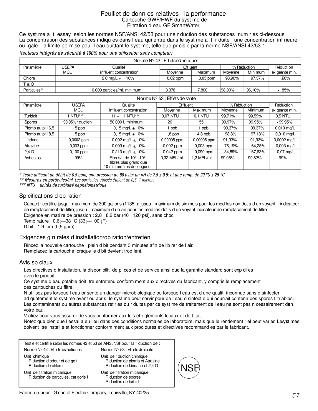 GE 25, 20, 22 manual Feuillet de données relatives à la performance, Spécifications d’opération, Avis spéciaux 