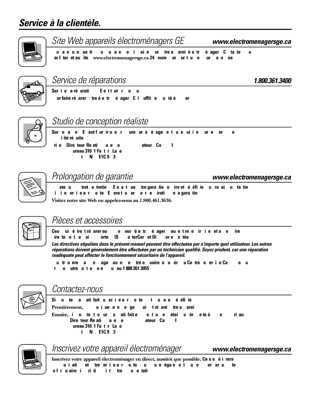 GE 20, 25, 22 manual Service à la clientèle, Service de réparations, Prolongation de garantie 