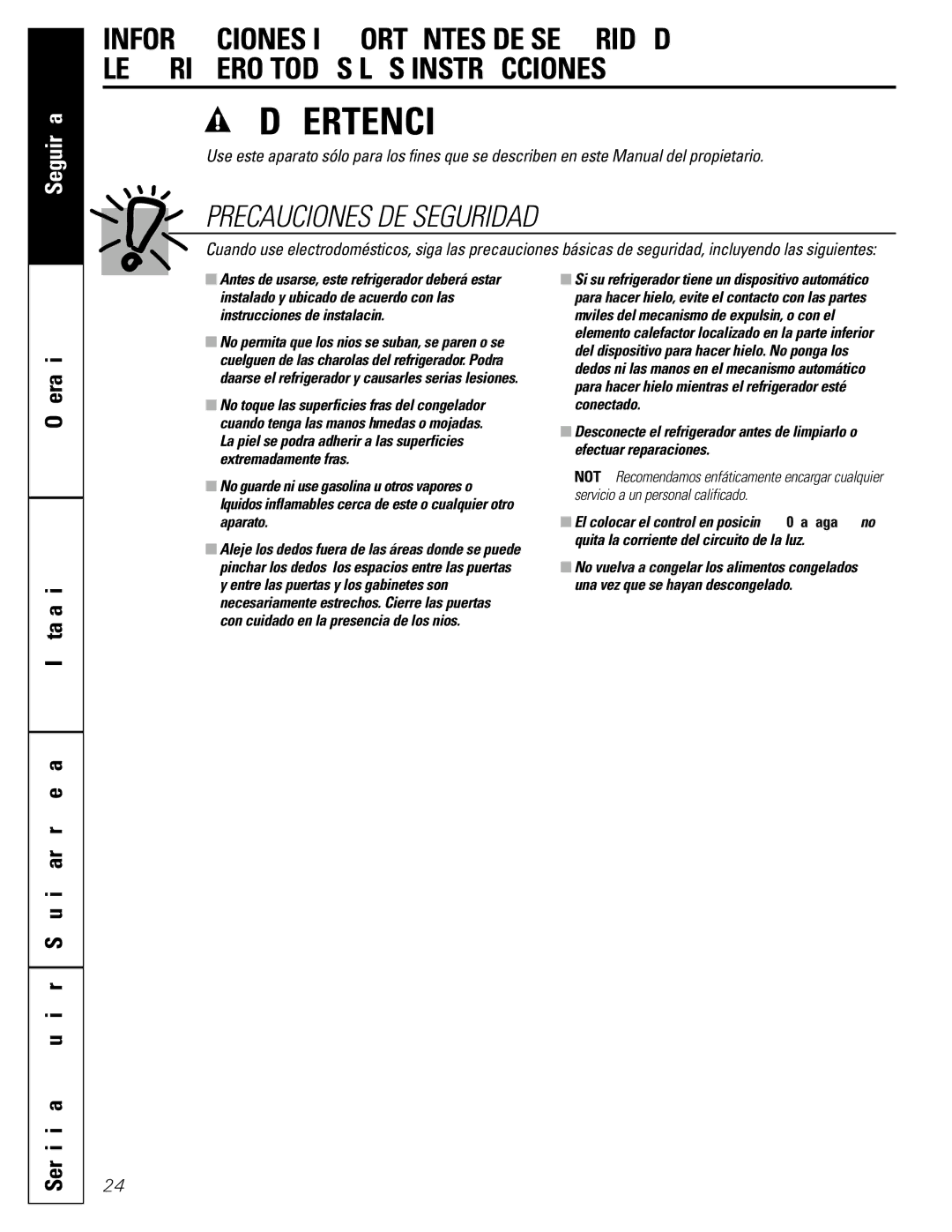 GE 25, 20, 22 manual Precauciones DE Seguridad, Operación Instalación, Servicio al consumidor Solucionar problemas 