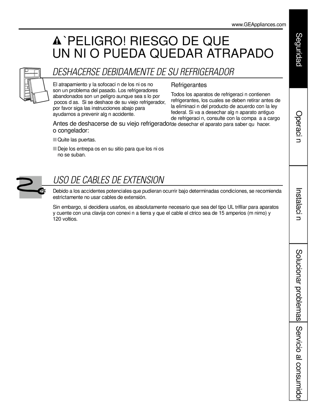 GE 20, 25, 22 manual USO DE Cables DE Extension, Antes de deshacerse de su viejo refrigerador o congelador, Refrigerantes 