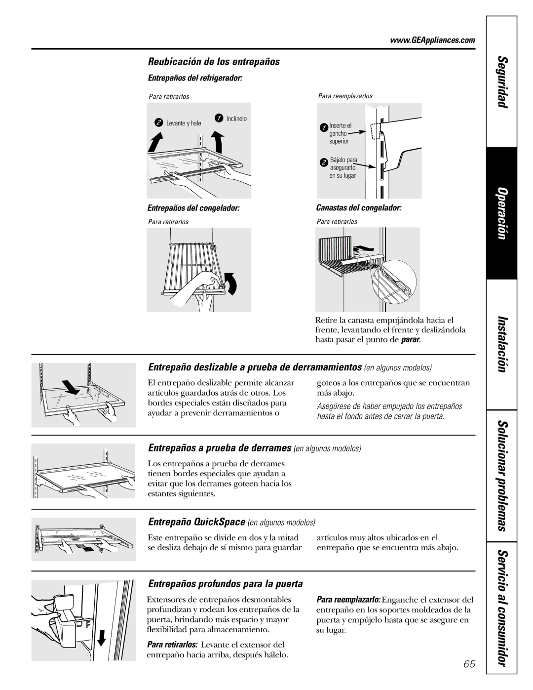 GE 22, 25, 20 manual Al consumidor, Reubicación de los entrepaños, Entrepaños a prueba de derrames en algunos modelos 