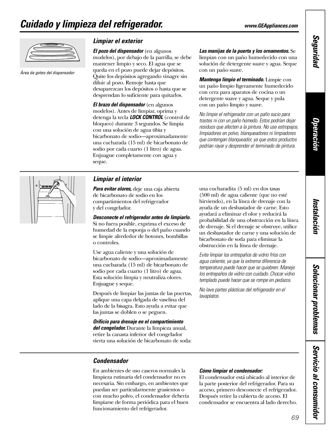 GE 25, 20, 22 manual Cuidado y limpieza del refrigerador, Limpiar el exterior, Limpiar el interior, Condensador 