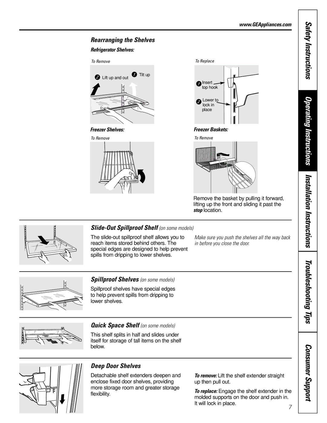 GE 20, 25, 22 manual Support, Rearranging the Shelves, Spillproof Shelves on some models, Quick Space Shelf on some models 