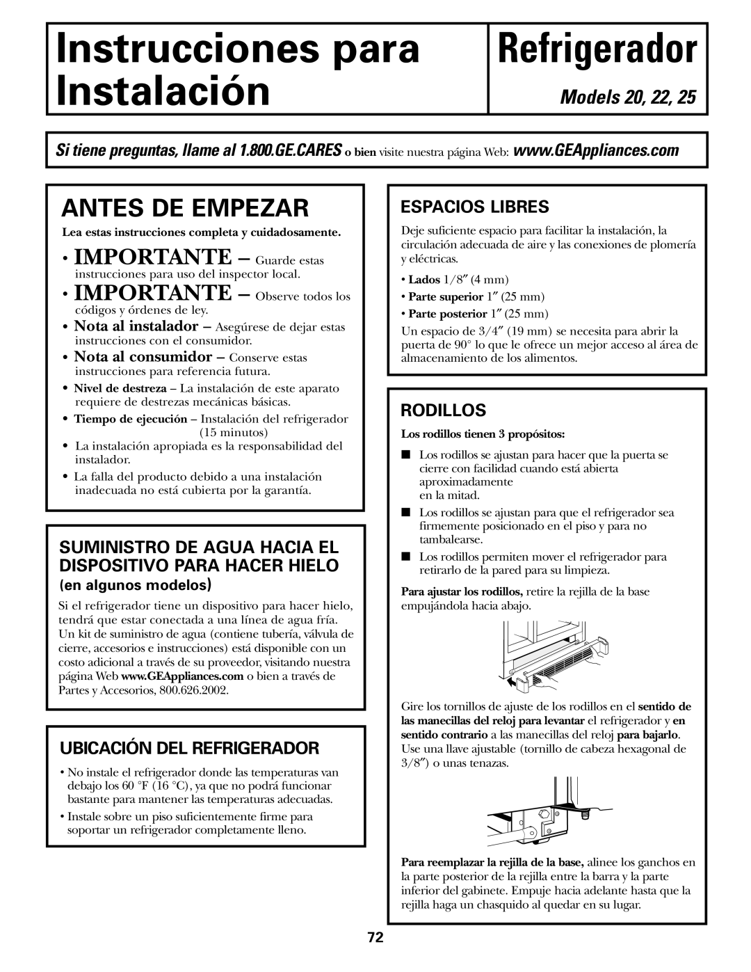 GE 25, 20, 22 manual Ubicación DEL Refrigerador, Espacios Libres, Rodillos 