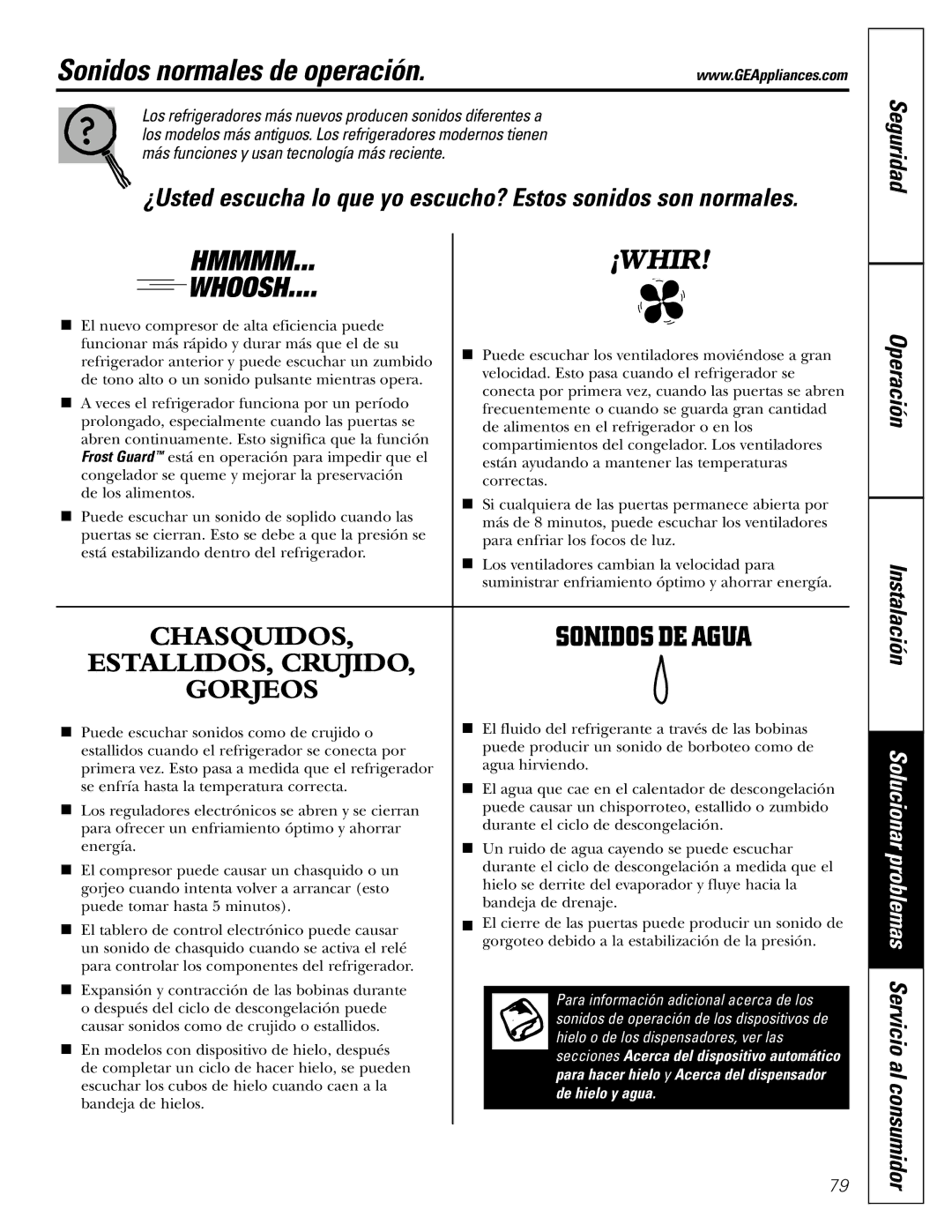 GE 20, 25, 22 manual Sonidos normales de operación, ¿Usted escucha lo que yo escucho? Estos sonidos son normales 