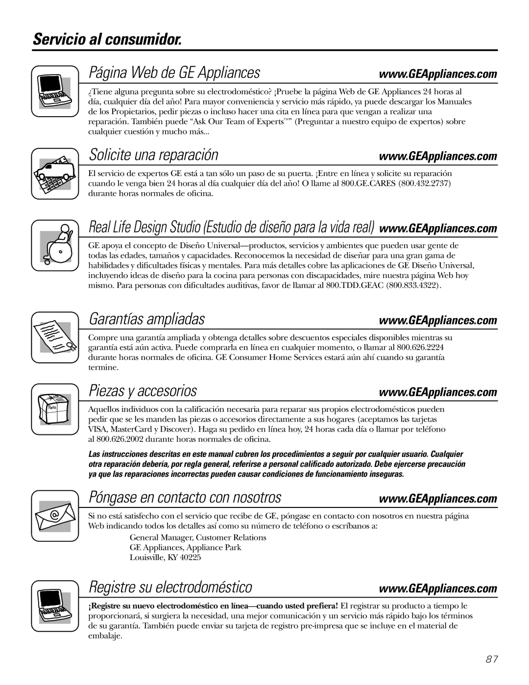 GE 25, 20, 22 manual Servicio al consumidor Página Web de GE Appliances, Solicite una reparación, Garantías ampliadas 