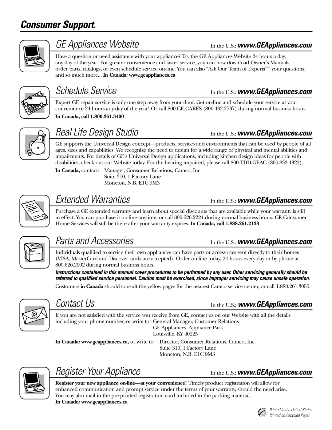 GE 20, 25, 22 manual Consumer Support, GE Appliances Website Schedule Service 