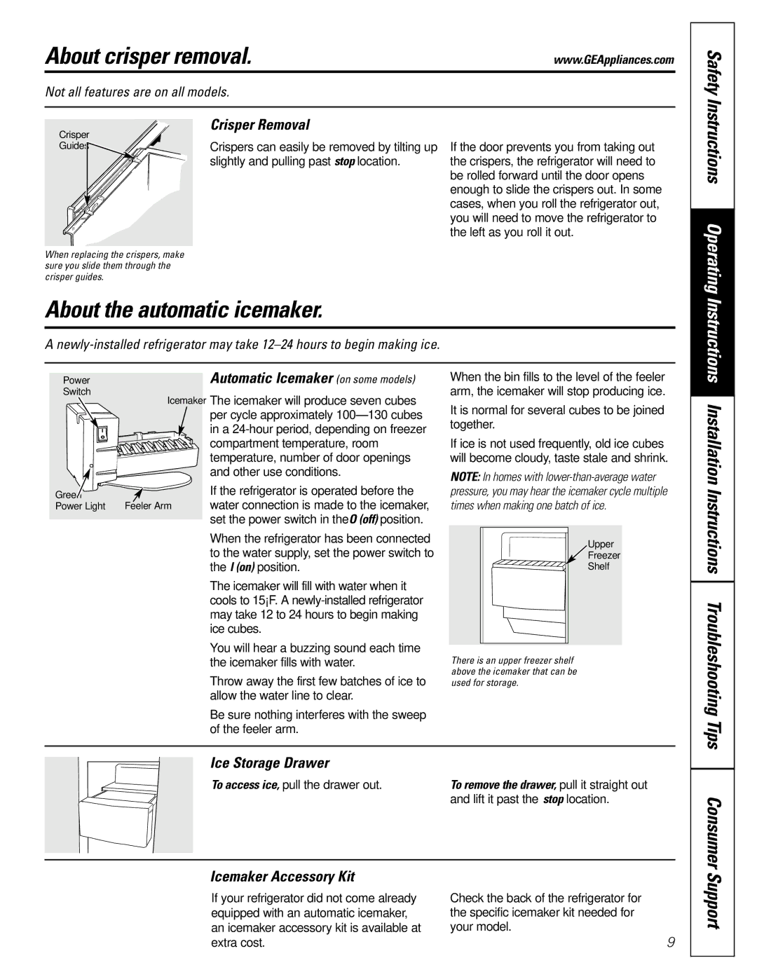 GE 25, 20, 22 manual About crisper removal, About the automatic icemaker, Safety, Installation 