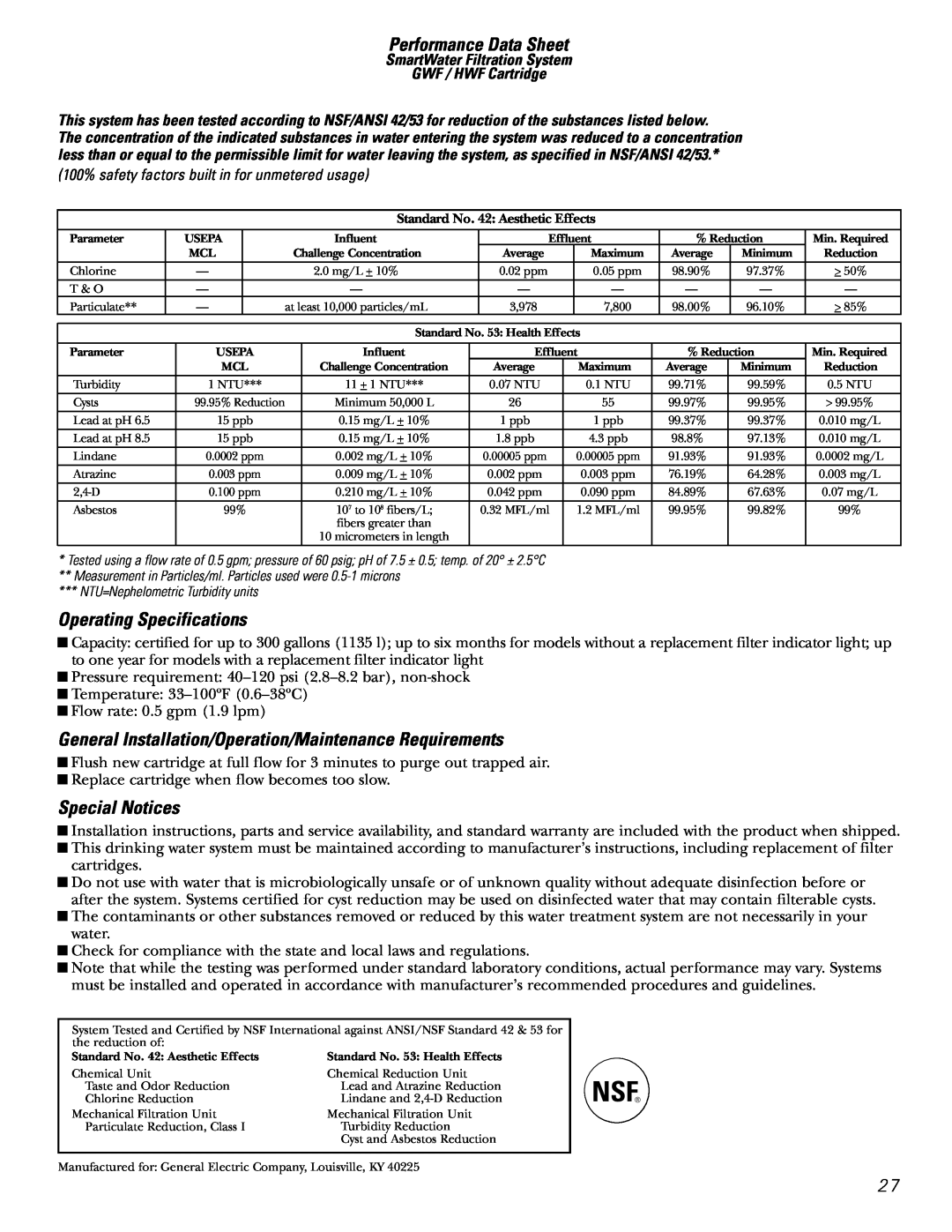 GE 25 Performance Data Sheet, Operating Specifications, Special Notices, 100% safety factors built in for unmetered usage 