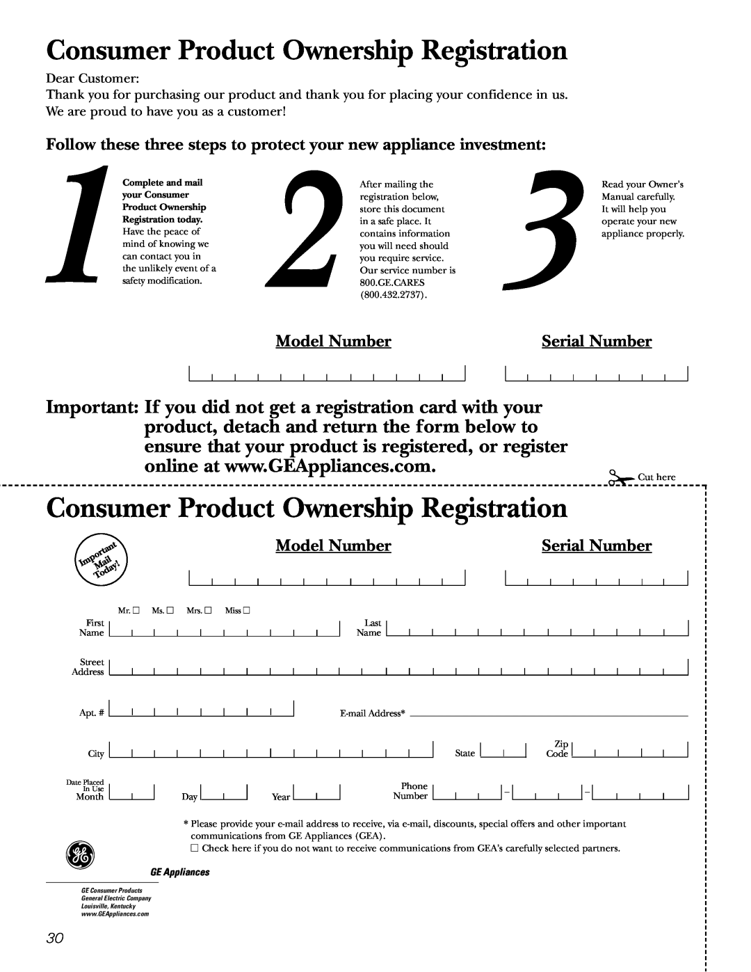 GE 25, 20, 22 manual Model Number, Serial Number, Consumer Product Ownership Registration, GE Appliances 