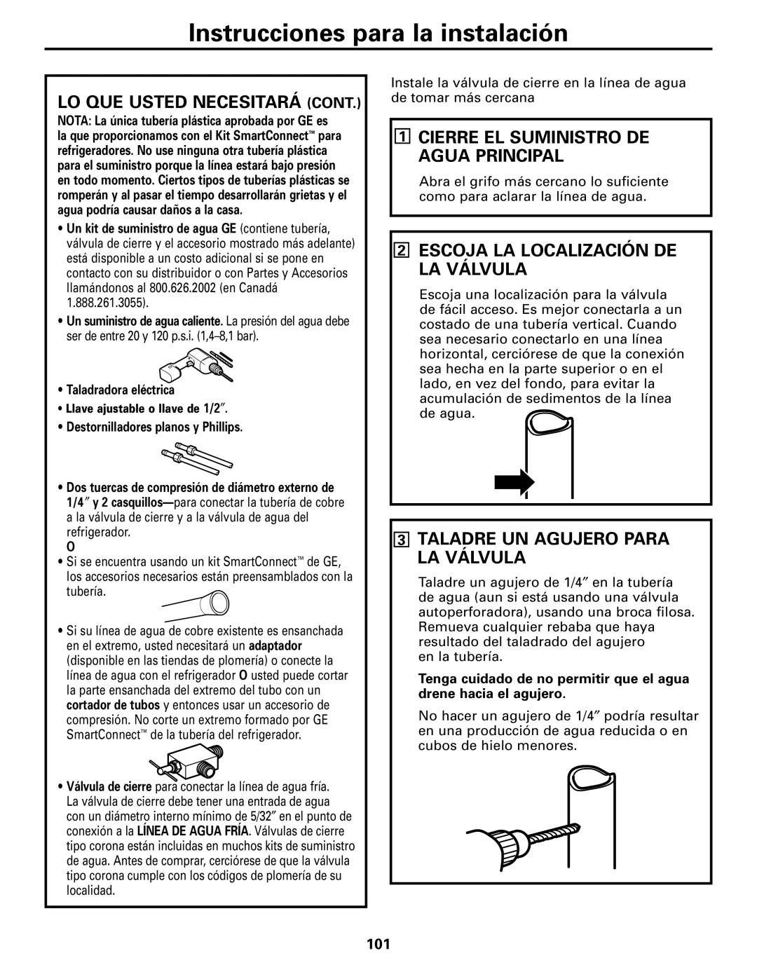 GE 23, 25 Cierre EL Suministro DE Agua Principal, Escoja LA Localización DE LA Válvula, Taladre UN Agujero Para LA Válvula 