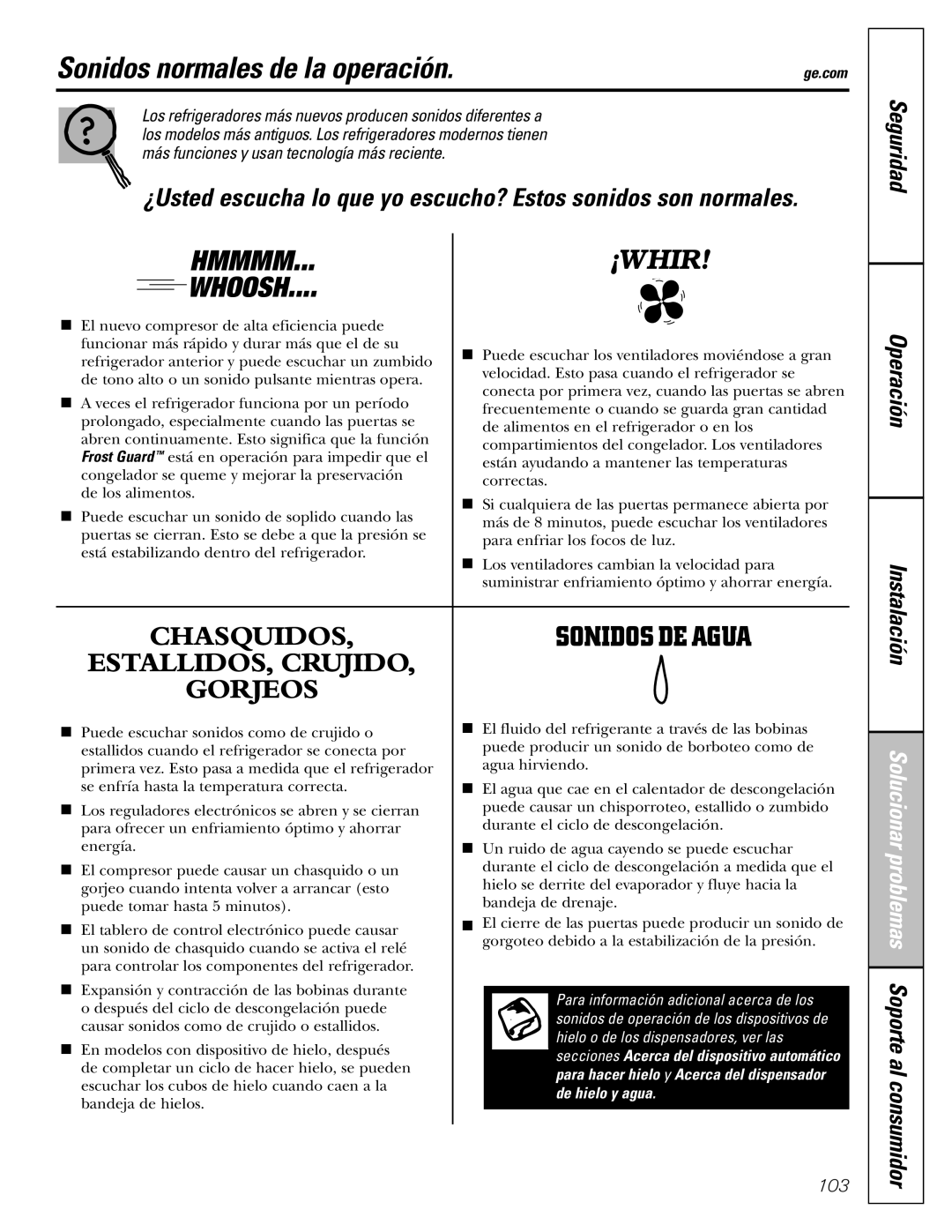 GE 23, 25 installation instructions Sonidos normales de la operación, Seguridad Operación Instalación 