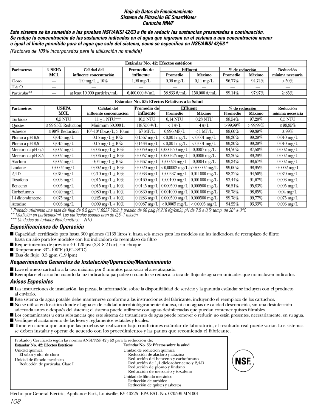 GE 25, 23 Especificaciones de Operación, Avisos Especiales, Factores de 100% incorporados para la utilización no medida 