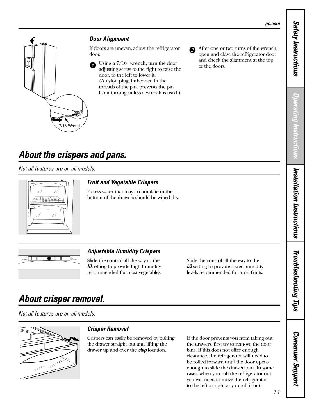 GE 23, 25 installation instructions About the crispers and pans, About crisper removal, Safety 