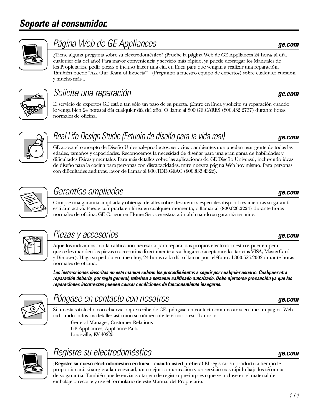 GE 23 Soporte al consumidor Página Web de GE Appliances, Solicite una reparación, Garantías ampliadas, Piezas y accesorios 