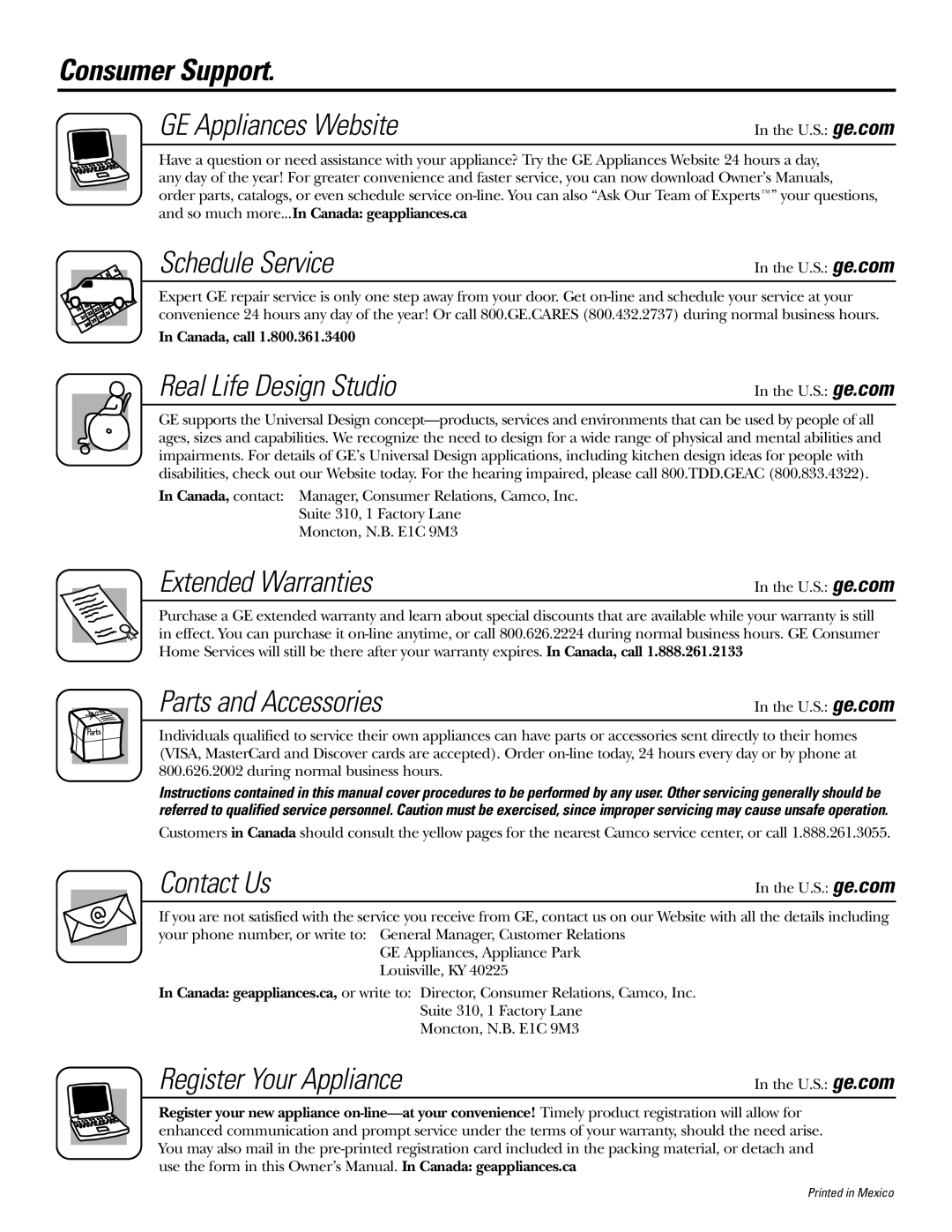 GE 25, 23 installation instructions Consumer Support, Schedule Service 