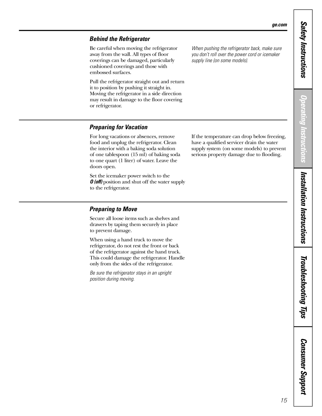 GE 23, 25 installation instructions Behind the Refrigerator, Preparing for Vacation, Preparing to Move 