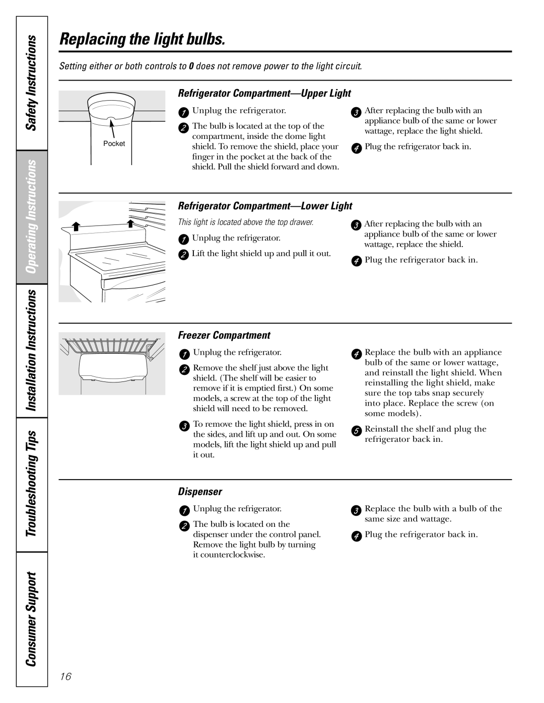 GE 25, 23 installation instructions Replacing the light bulbs, Tips Installation 