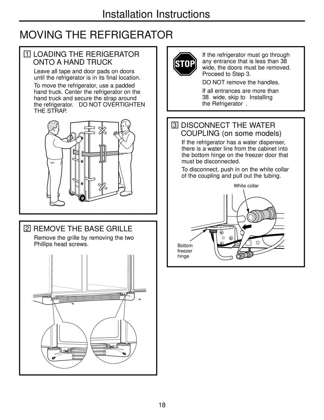 GE 25, 23 Moving the Refrigerator, Remove the Base Grille, Loading the Rerigerator Onto a Hand Truck 