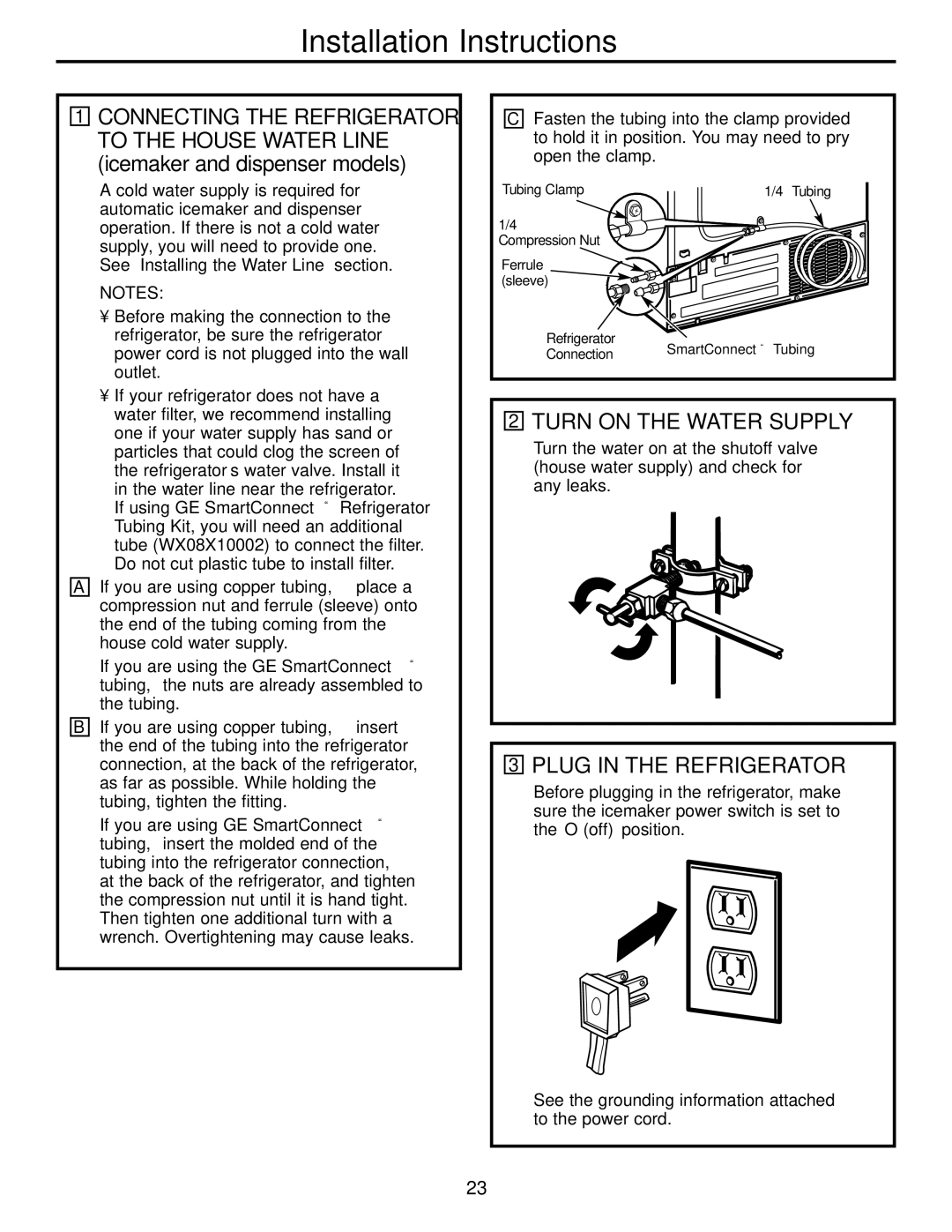 GE 23, 25 installation instructions Turn on the Water Supply, Plug in the Refrigerator 