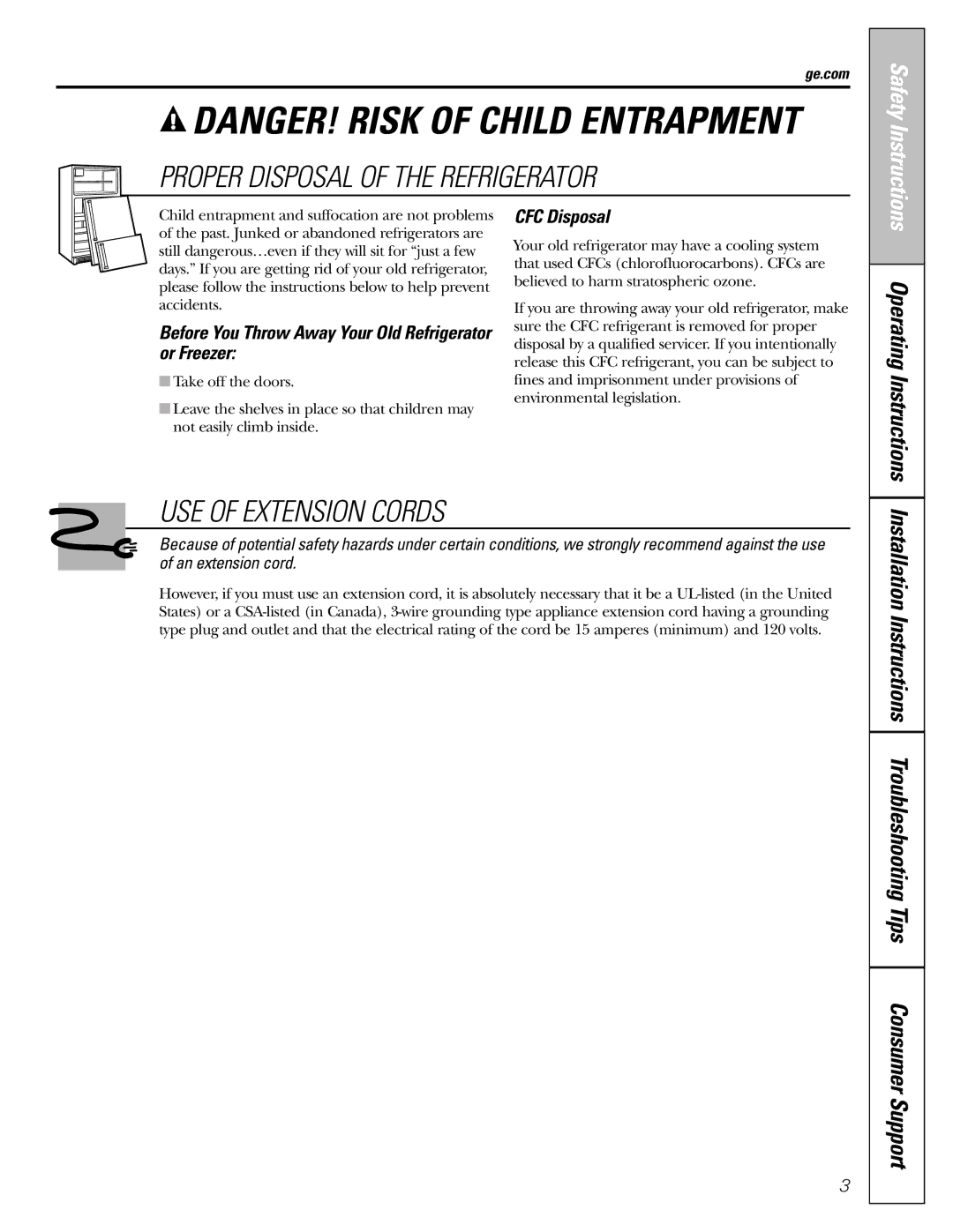 GE 23, 25 installation instructions Before You Throw Away Your Old Refrigerator or Freezer, CFC Disposal, Ge.com 