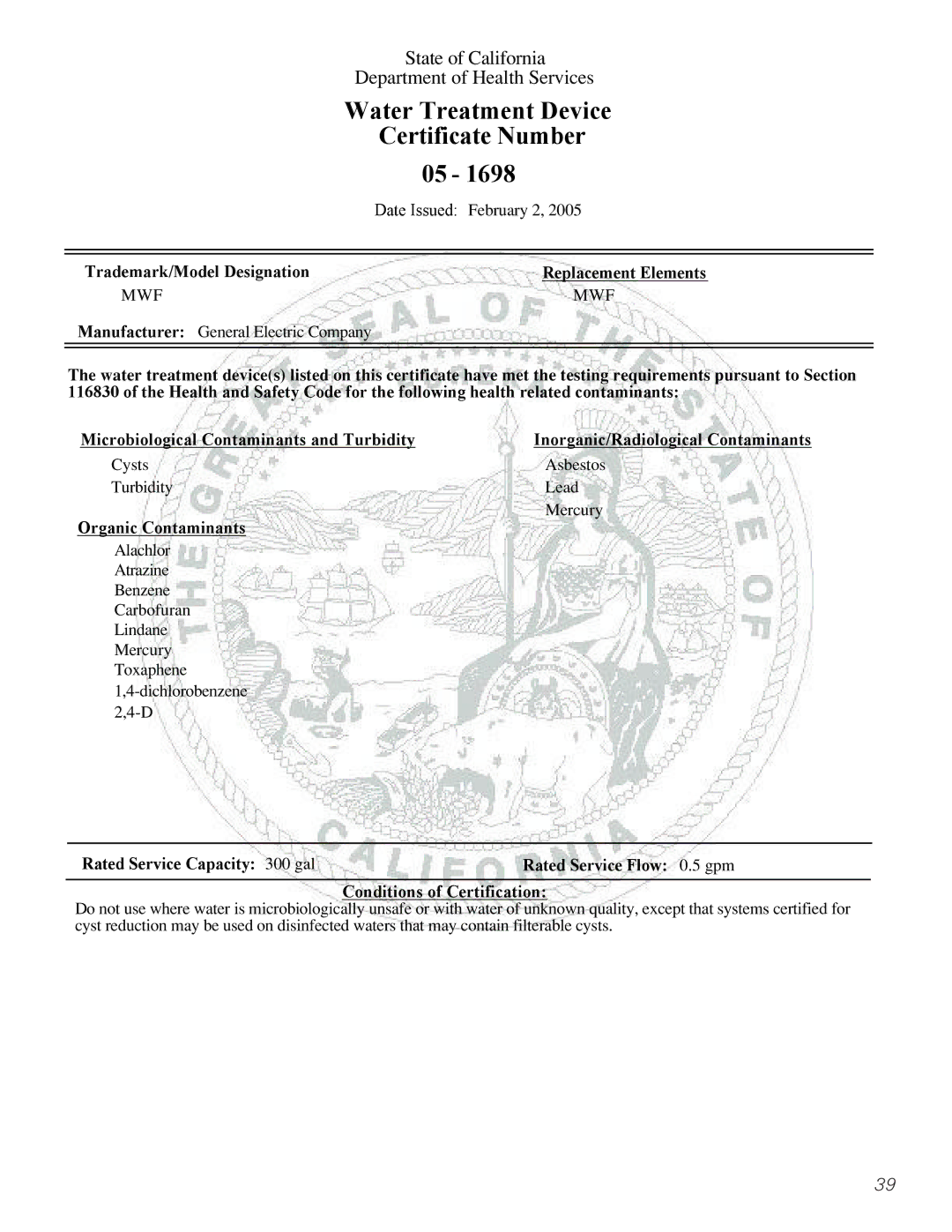 GE 23, 25 installation instructions Certificate Number 