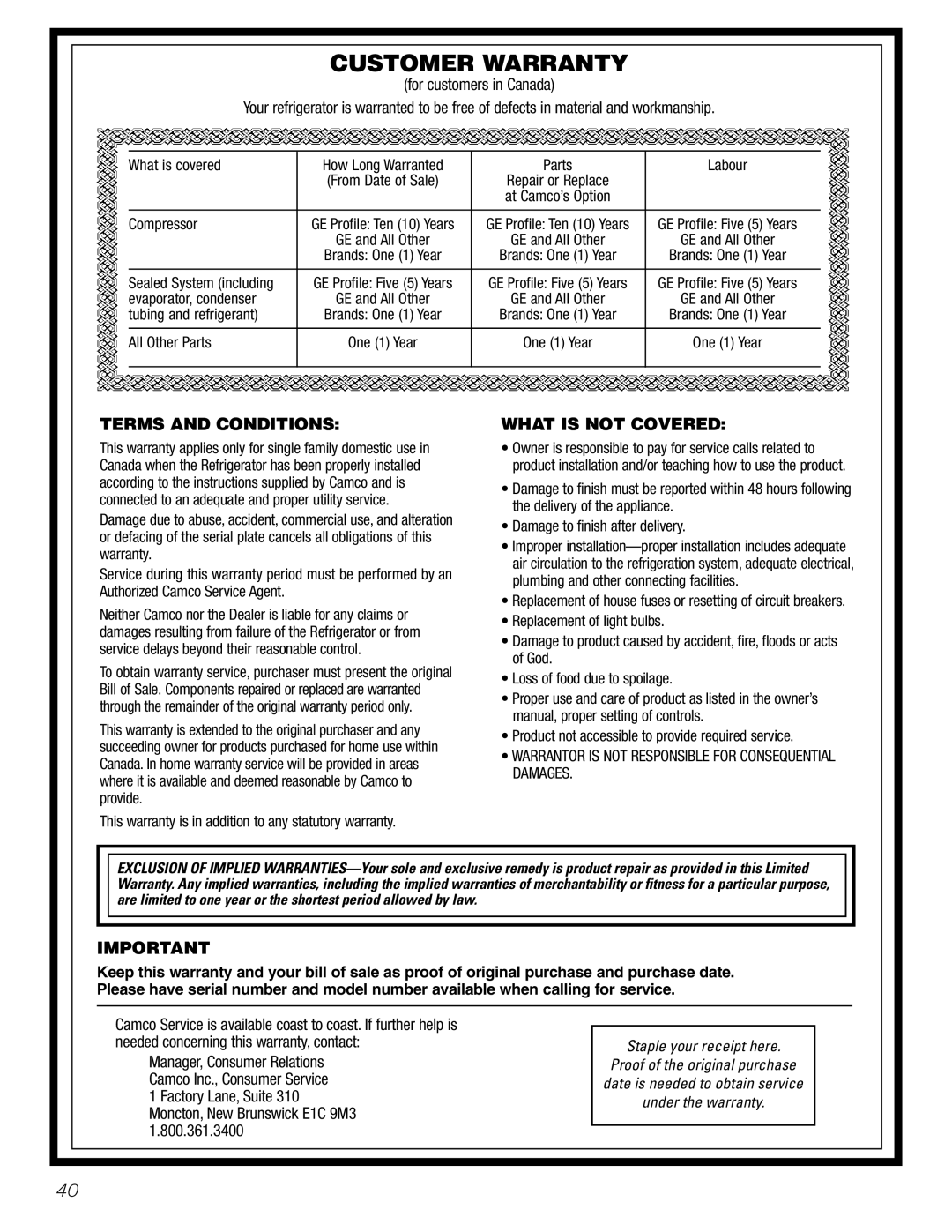 GE 25, 23 installation instructions Customer Warranty 