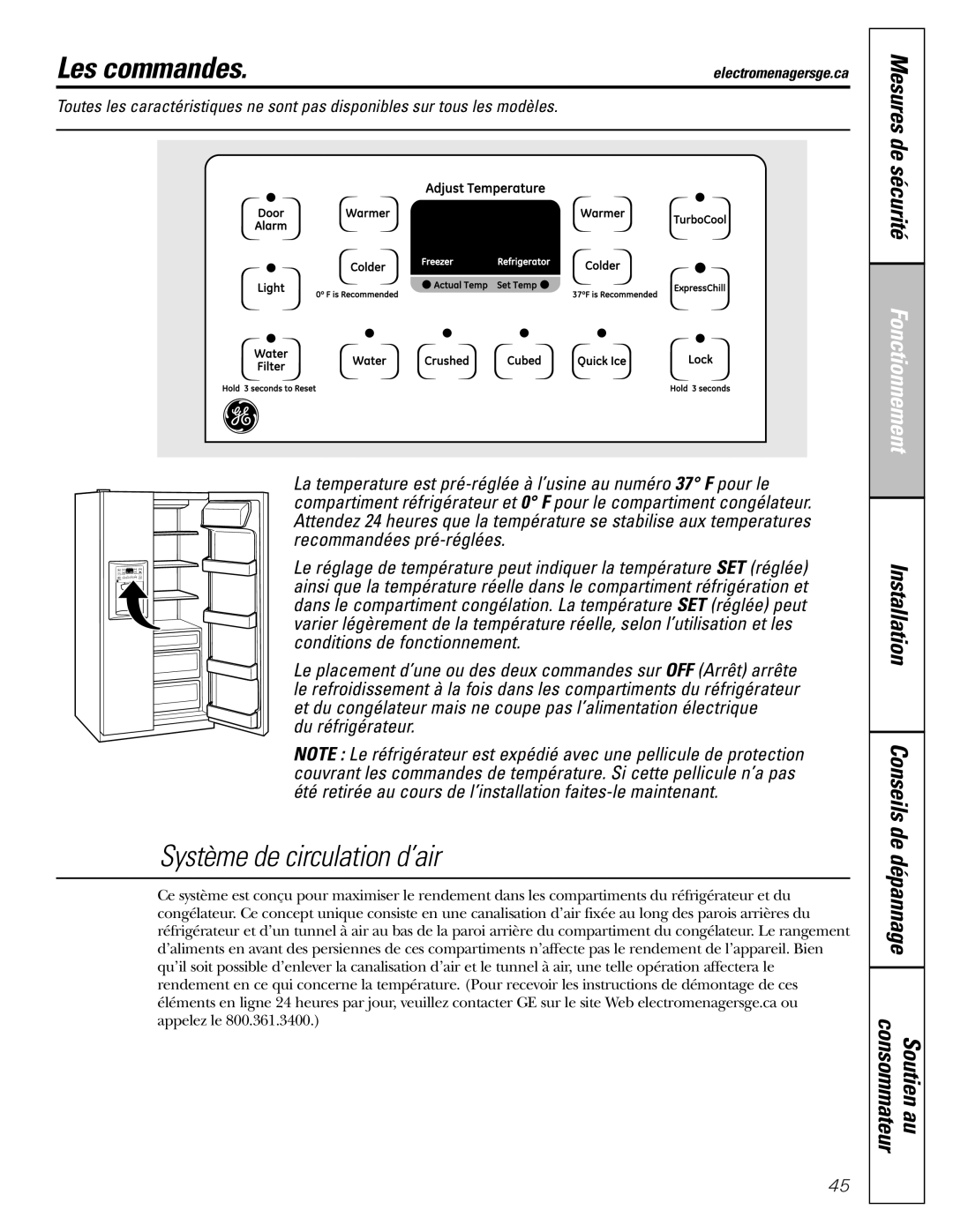 GE 23, 25 Les commandes, Mesures de sécurité, Installation Conseils de dépannage Consommateur Soutien au 