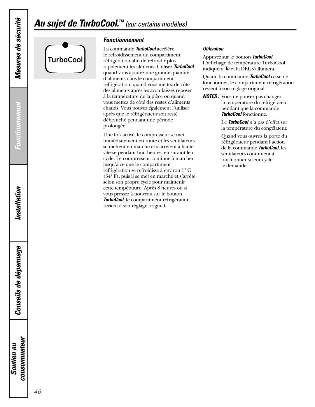 GE 25, 23 Au sujet de TurboCool. sur certains modèles, Sécurité, Mesures de, Fonctionnement, Utilisation 