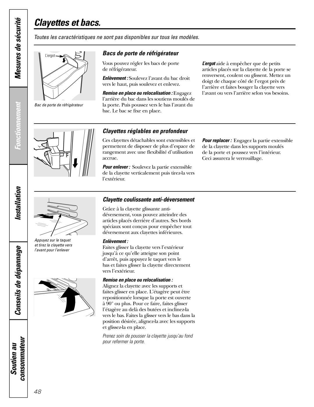 GE 25, 23 installation instructions Clayettes et bacs, De sécurité, Conseils de dépannage Soutien au Consommateur 