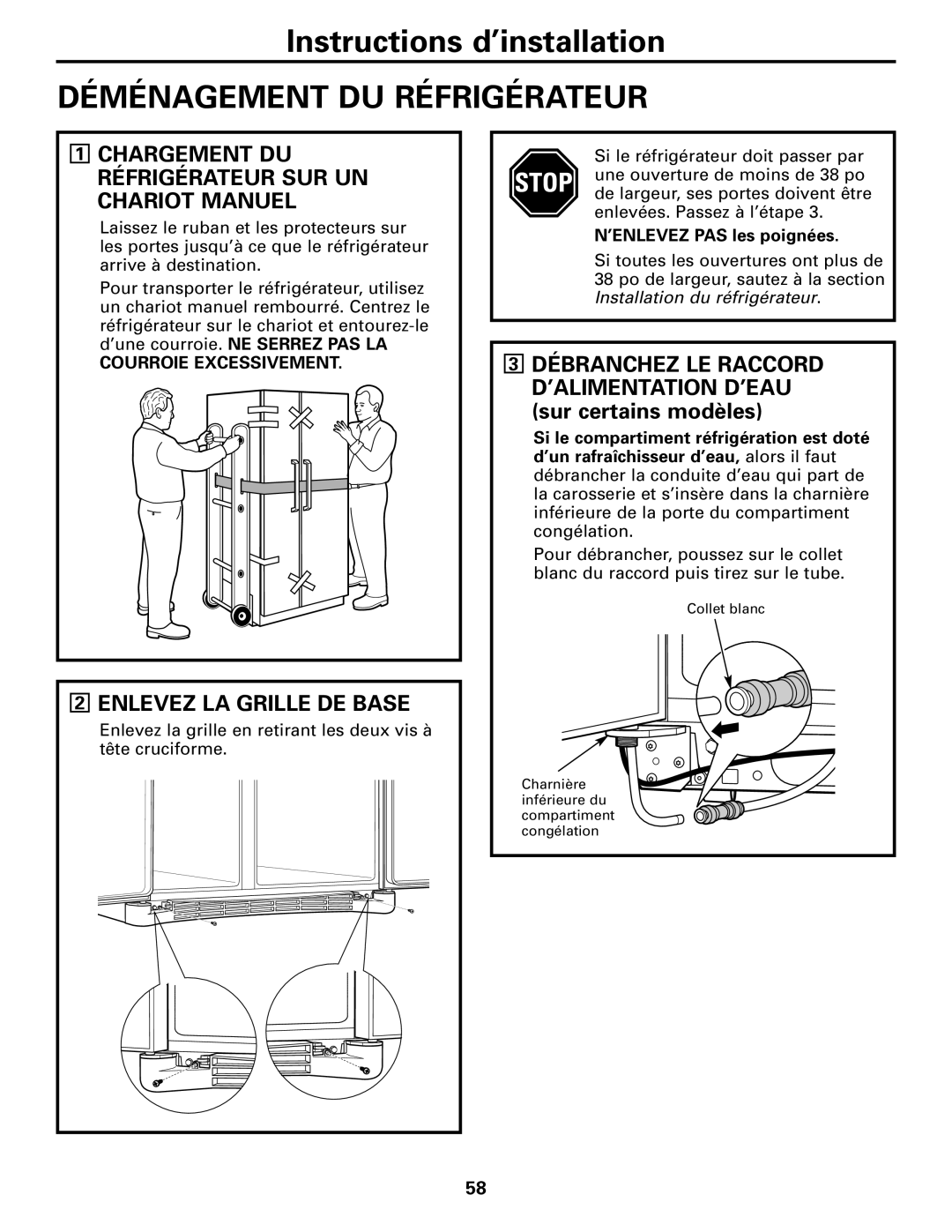 GE 25, 23 Déménagement DU Réfrigérateur, Chargement DU Réfrigérateur SUR UN Chariot Manuel, Enlevez LA Grille DE Base 