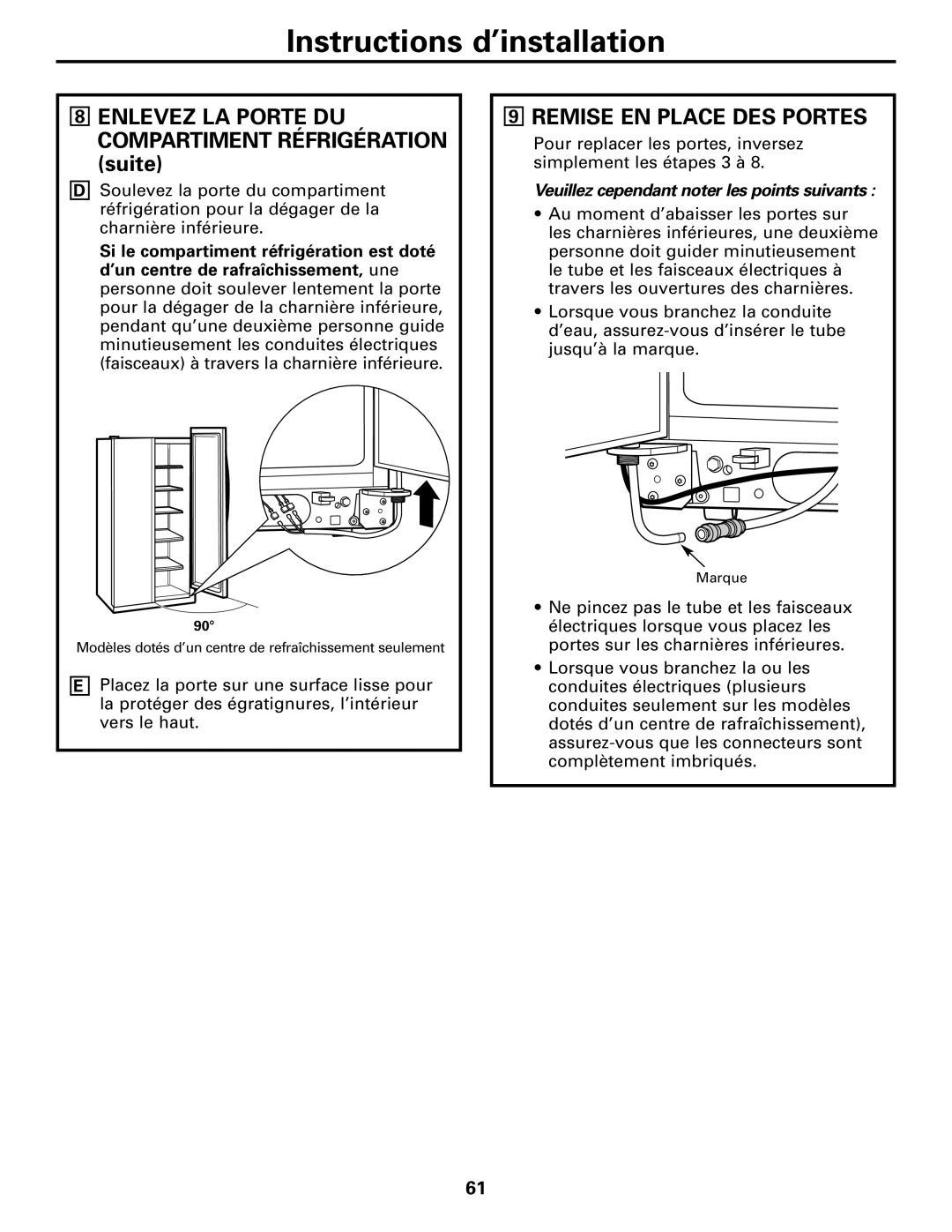 GE 23, 25 installation instructions Remise EN Place DES Portes, Veuillez cependant noter les points suivants 