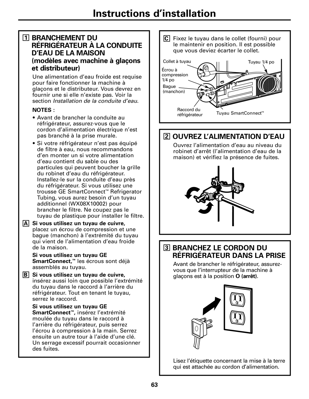 GE 23, 25 installation instructions Ouvrez L’ALIMENTATION D’EAU, Branchez LE Cordon DU Réfrigérateur Dans LA Prise 