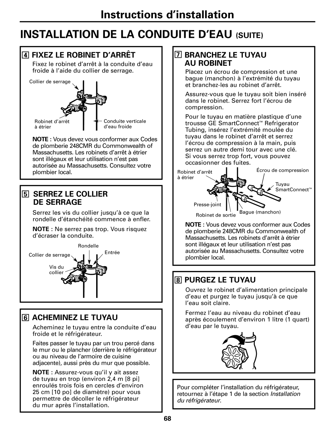 GE 25 Installation DE LA Conduite D’EAU Suite, Fixez LE Robinet D’ARRÊT, Branchez LE Tuyau AU Robinet, Acheminez LE Tuyau 