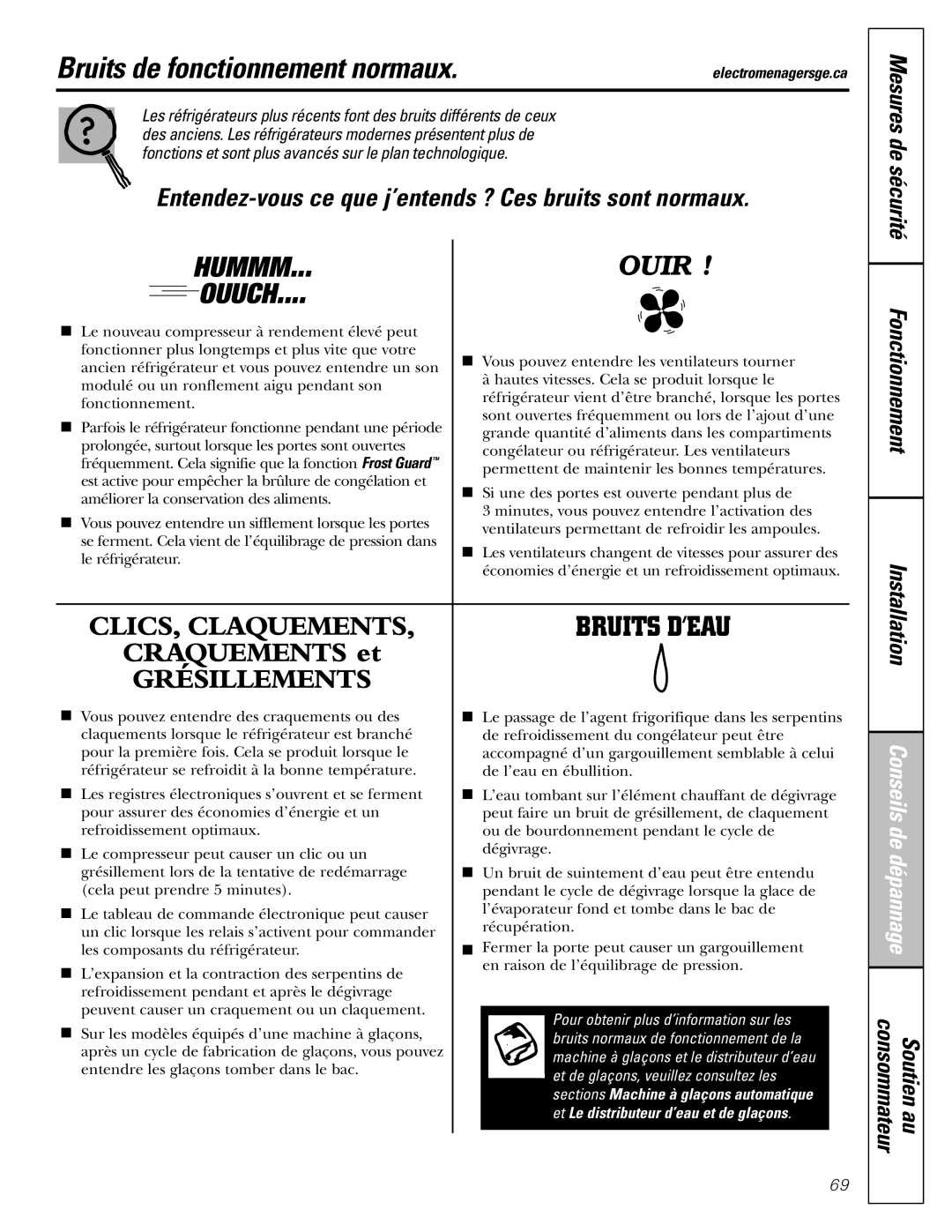 GE 23, 25 installation instructions Bruits de fonctionnement normaux, Mesures de sécurité Fonctionnement Installation 