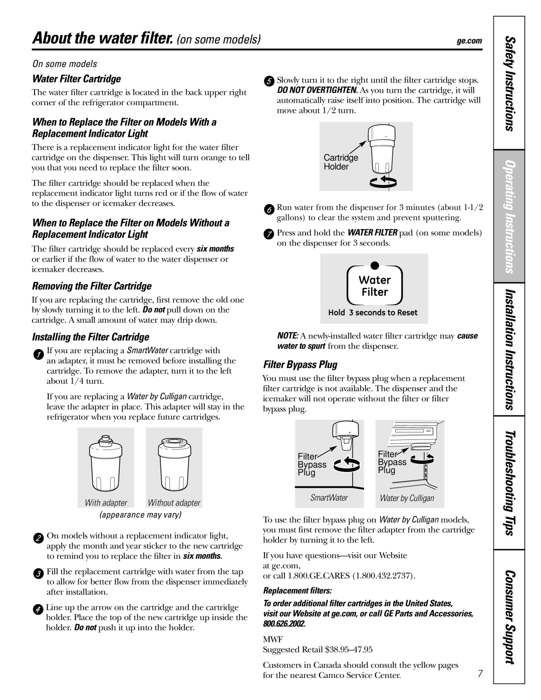 GE 23, 25 Water Filter Cartridge, Removing the Filter Cartridge, Installing the Filter Cartridge, Filter Bypass Plug 