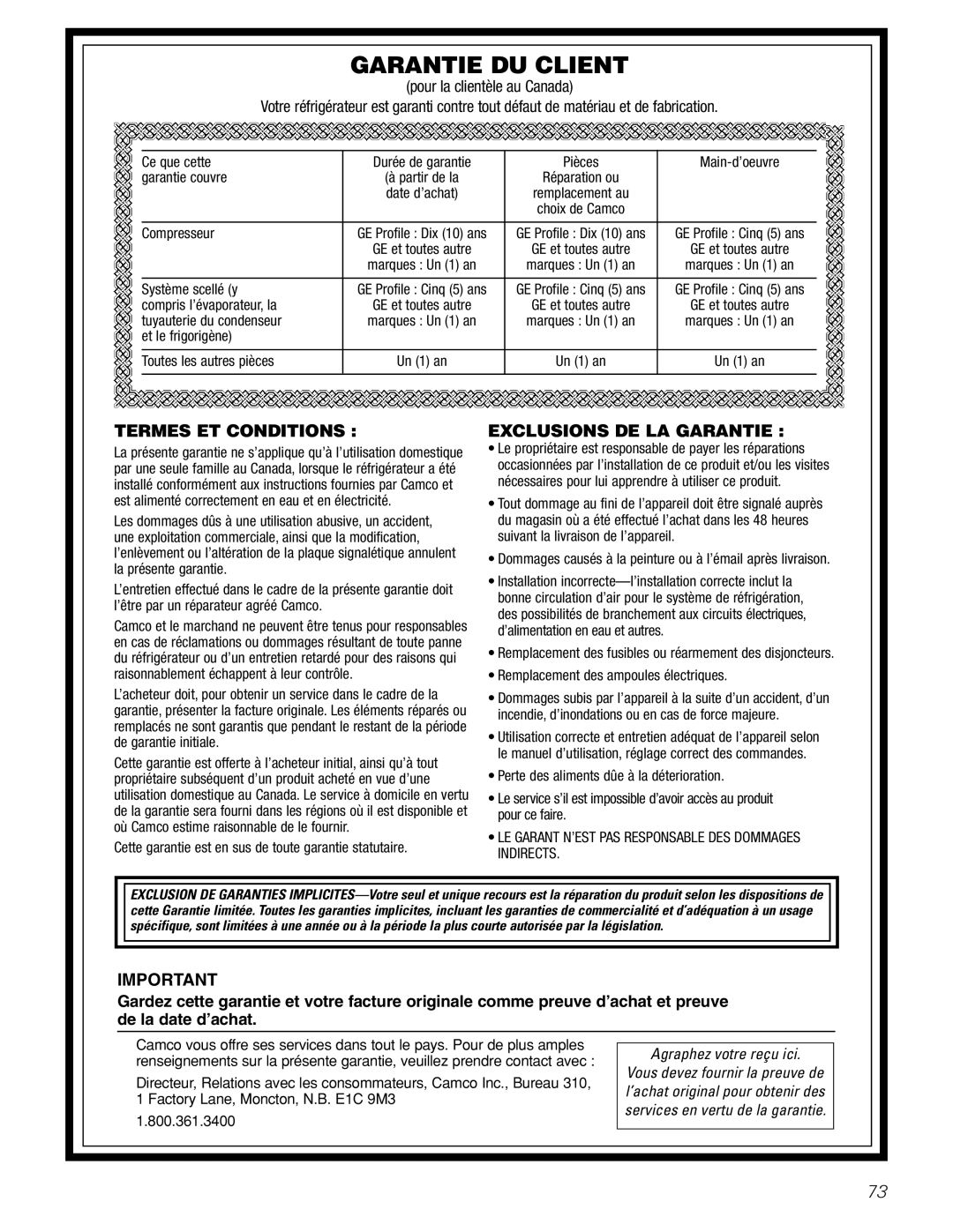 GE 23, 25 installation instructions Garantie DU Client, Agraphez votre reçu ici 