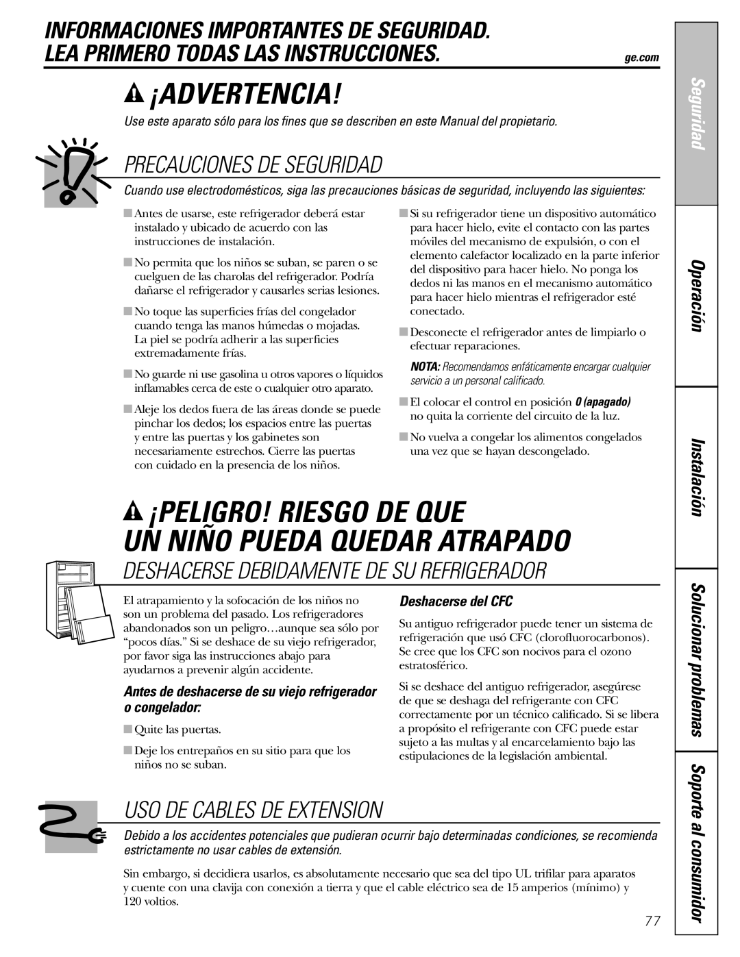 GE 23, 25 Al consumidor, Antes de deshacerse de su viejo refrigerador o congelador, Deshacerse del CFC, Instalación 