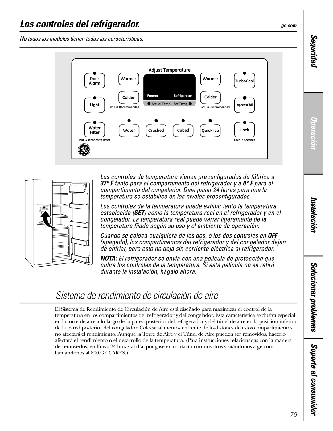 GE 23, 25 installation instructions Los controles del refrigerador, Seguridad 