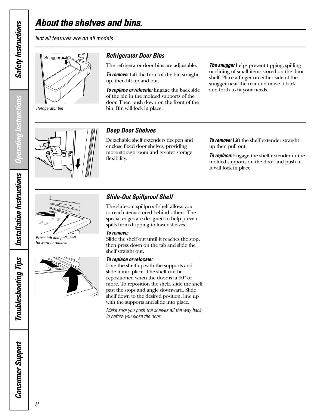 GE 25, 23 About the shelves and bins, Instructions, Consumer Support Troubleshooting Tips Installation 