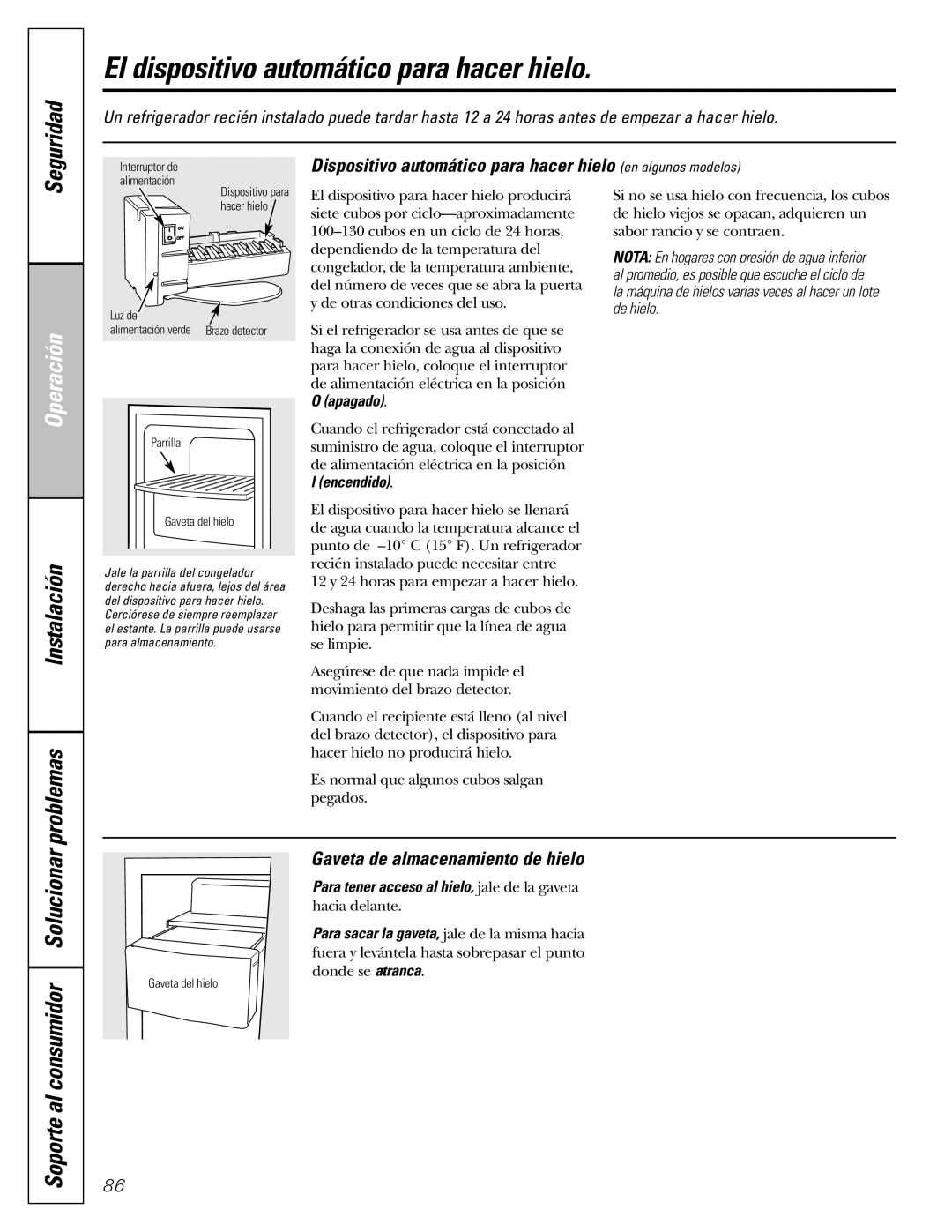 GE 25, 23 El dispositivo automático para hacer hielo, Instalación Problemas, Gaveta de almacenamiento de hielo 