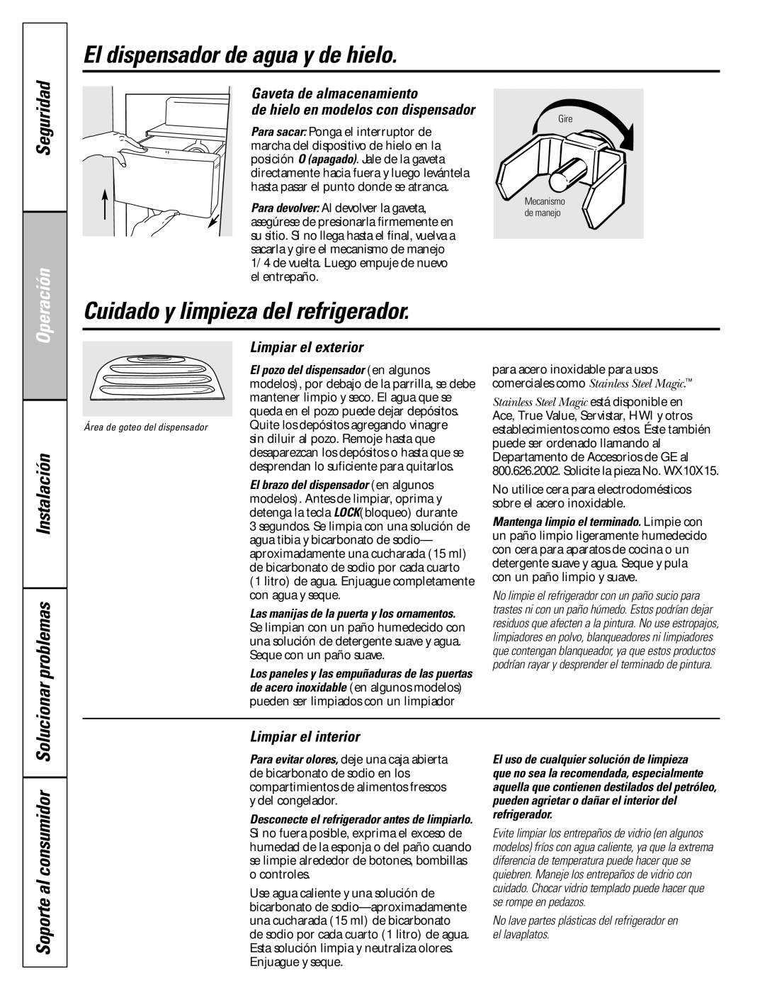 GE 25, 23 El dispensador de agua y de hielo, Cuidado y limpieza del refrigerador, Instalación Solucionar problemas 