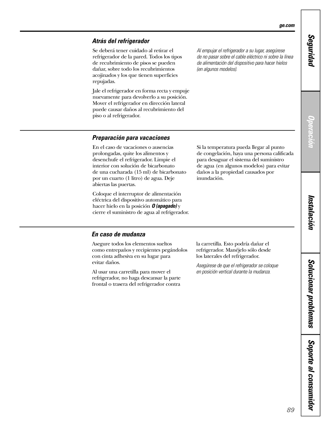 GE 23, 25 installation instructions Atrás del refrigerador, Preparación para vacaciones, En caso de mudanza 